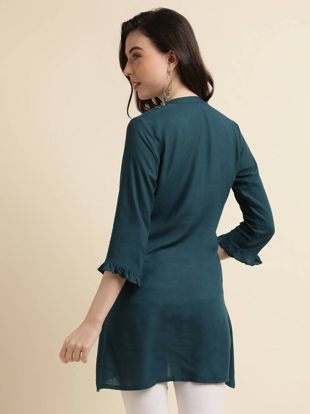 Teal Rayon Yoke Embroidered A-line Top - Tarini | Grocsy