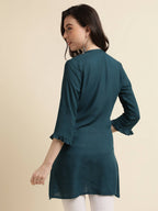 Teal Rayon Yoke Embroidered A-line Top - Tarini | Grocsy