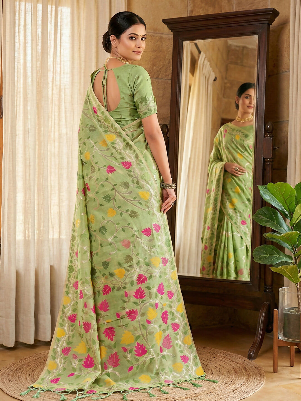 Shree Shyam Fashion Green Linen Cotton Saree | Grocsy