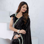 Black Pure Crepe Silk Diamond With Hand Work Saree With Unstitched Blouse - Norita Swaraa | Grocsy