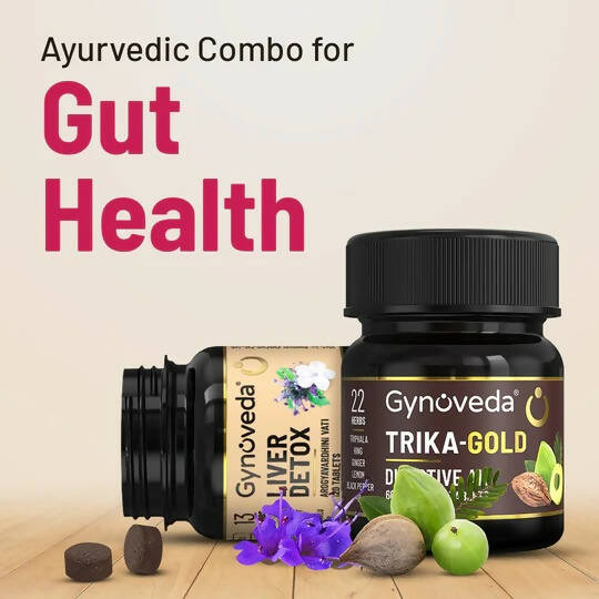 Gynoveda Gut Health Liver Detox + Trika-Gold Ayurvedic Tablets Combo | Grocsy