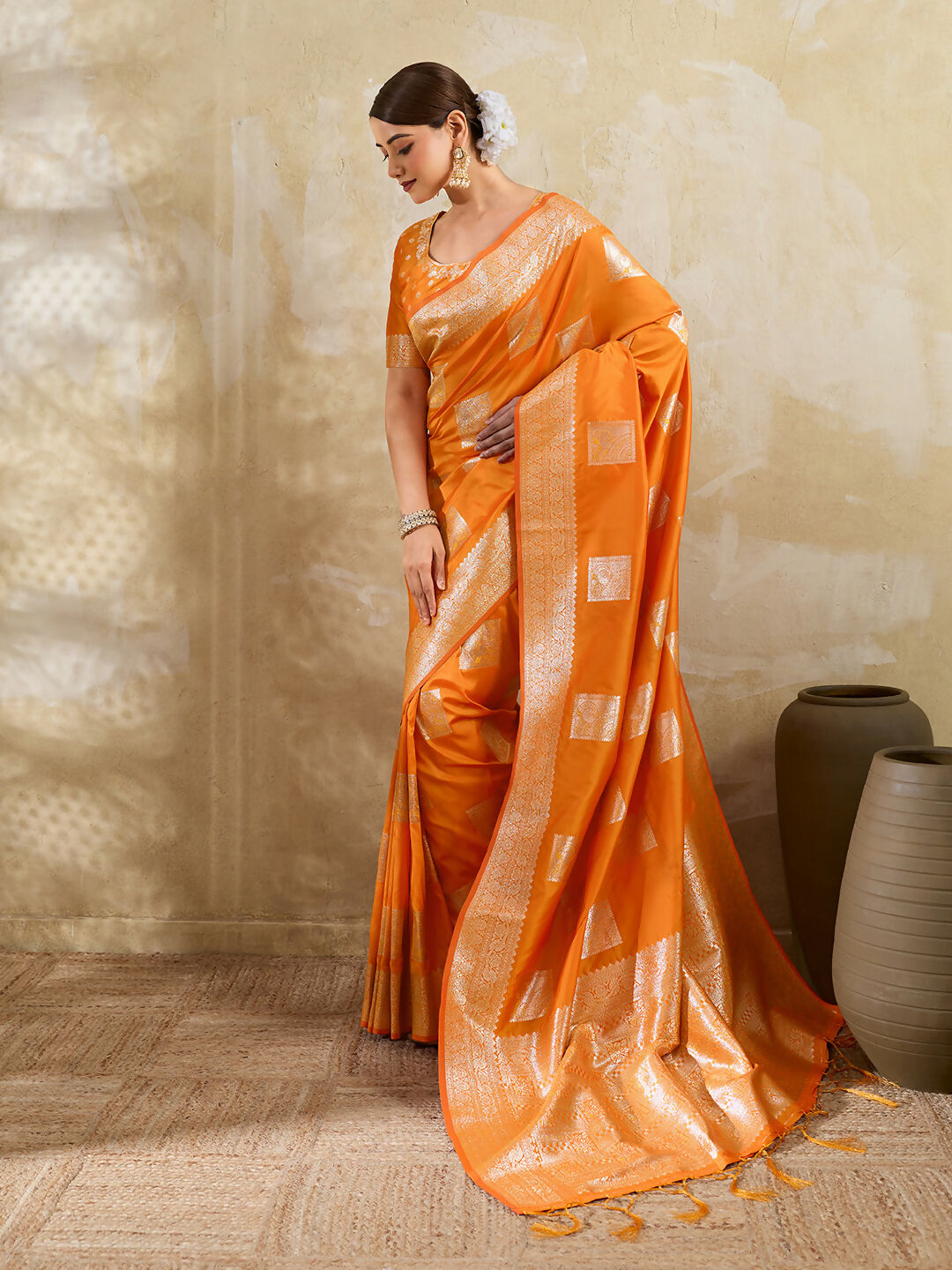 Shree Shyam Fashion Orange Silk Blend Saree | Grocsy
