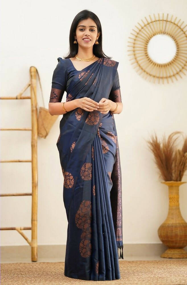 DEIANA'S Beautiful Designer Golden zari Soft Lichi Silk Saree - Navy Blue | Grocsy