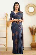 DEIANA'S Beautiful Designer Golden zari Soft Lichi Silk Saree - Navy Blue | Grocsy
