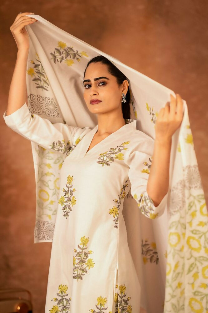 Joban Fashion Off White Yellow Hand Block Printed Cotton Suit Set | Grocsy
