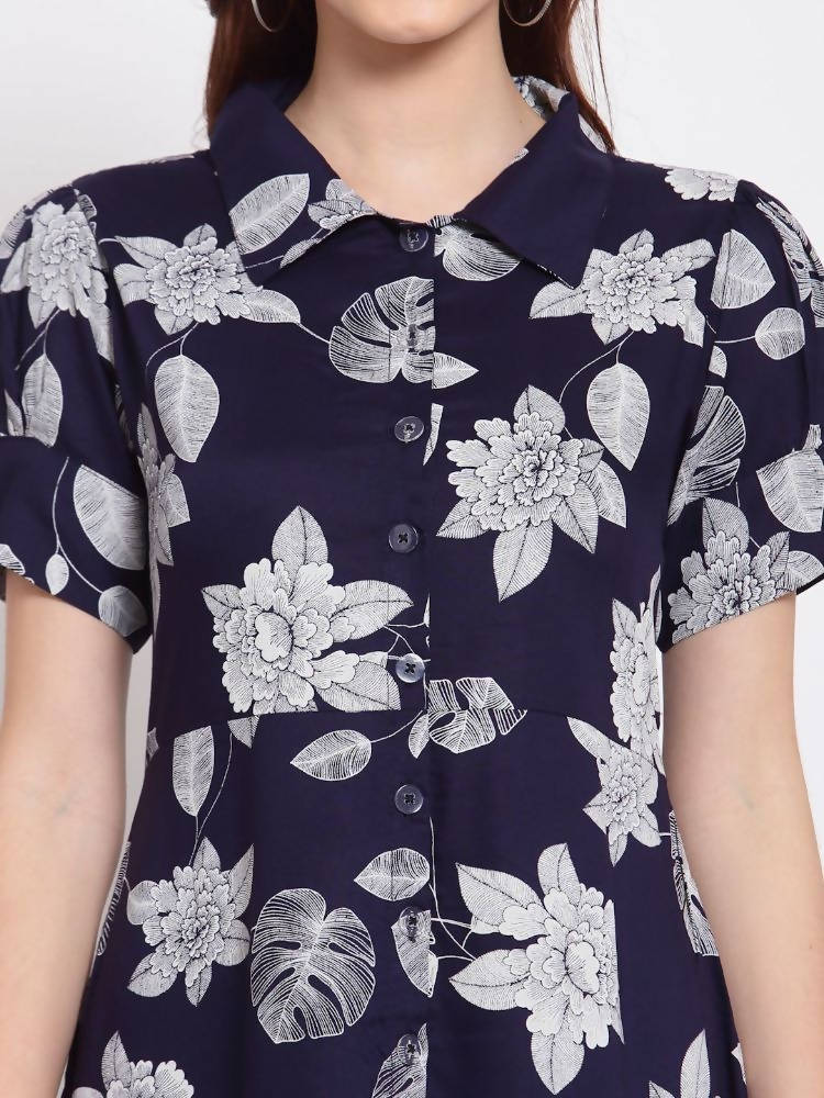 Myshka Women's Navy Blue Printed Cotton Short Sleeve Collar Neck Casual Dress | Grocsy