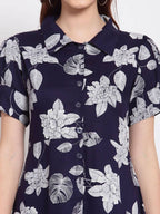 Myshka Women's Navy Blue Printed Cotton Short Sleeve Collar Neck Casual Dress | Grocsy