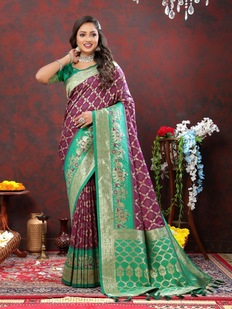 Vastranavya Purple Soft Patola Silk With Meenakari Weaving Motifs And Rich Zari Weaving Pallu Saree With Matching Blouse Fabric | Grocsy