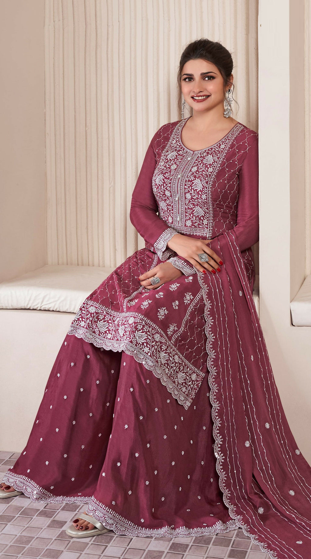 Anaita Maroon Embroidered Work Silk Stitched Sharara suit | Grocsy