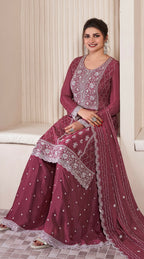 Anaita Maroon Embroidered Work Silk Stitched Sharara suit | Grocsy