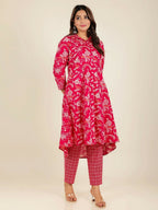 Aramya Red Soft Cotton Floral Print High Low Kurta Pant Set for Women | Grocsy