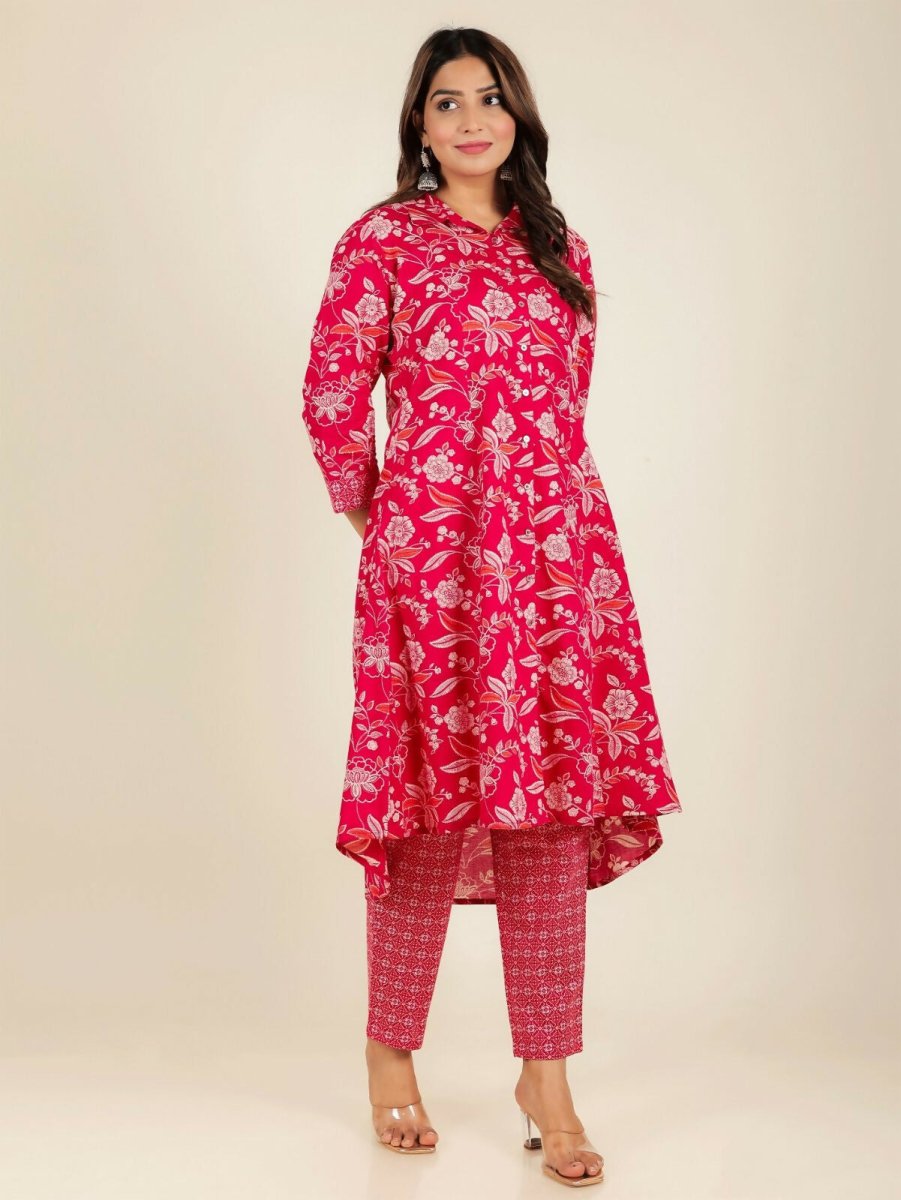 Aramya Red Soft Cotton Floral Print High Low Kurta Pant Set for Women | Grocsy