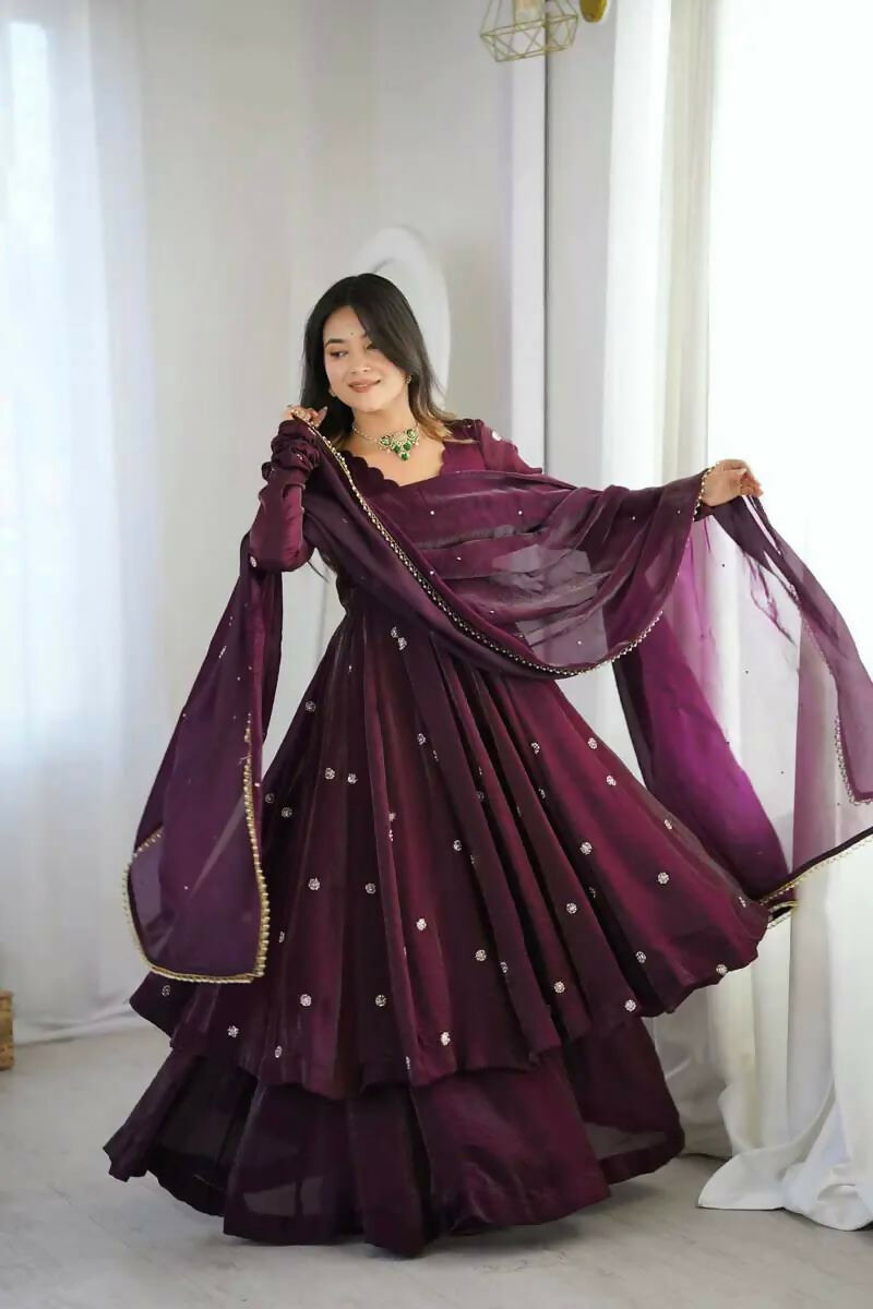 Teeya Creation Violet Crunchy Silk Embroidery Work Designer Suit | Grocsy
