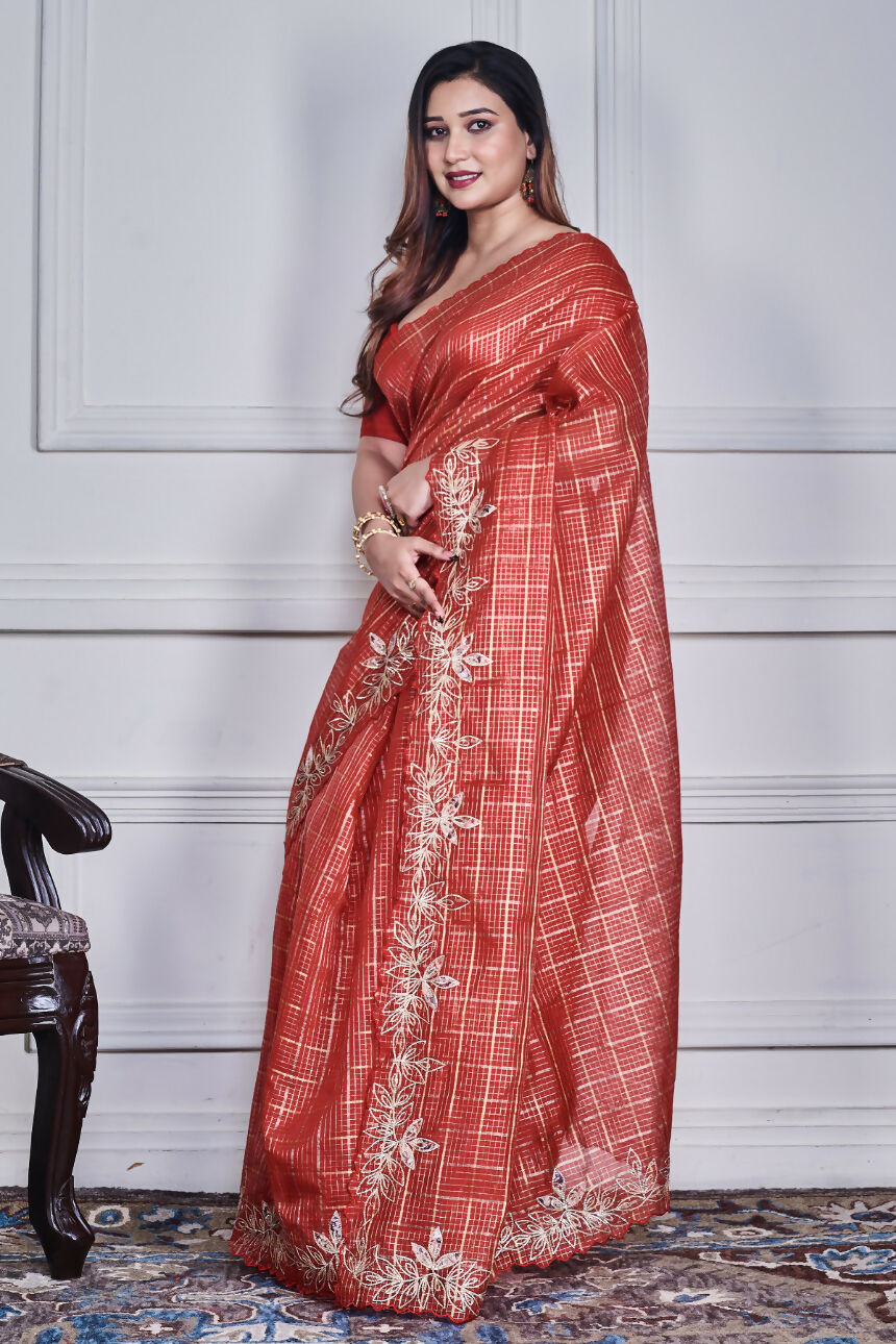Morchari Red Kota Check Zari Embroidery Saree Unstitched Blouse | Grocsy
