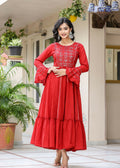 Kaajh Women's Red Mirror Embroidered Cotton Ethnic Dress | Grocsy