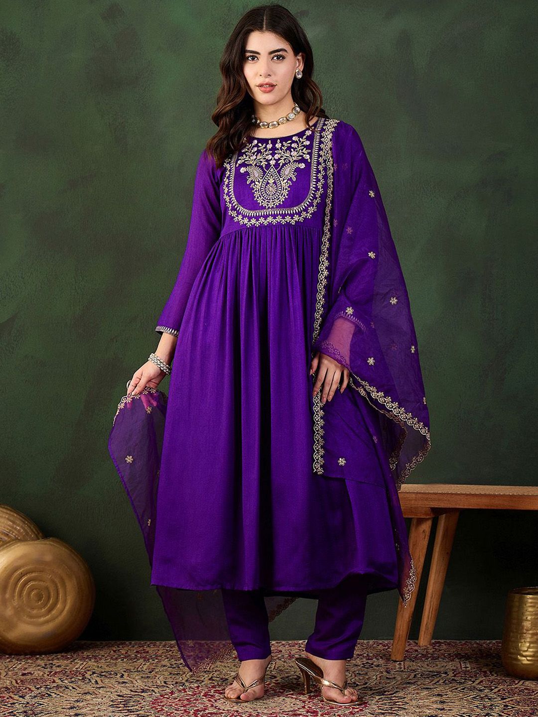 Sangria Embroidered Kurta & Trouser With Dupatta Kurta Set | Grocsy