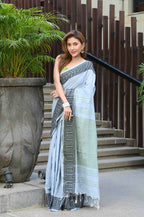 Beatitude Grey Cotton Jacquard Border Tangail Handloom Saree | Grocsy
