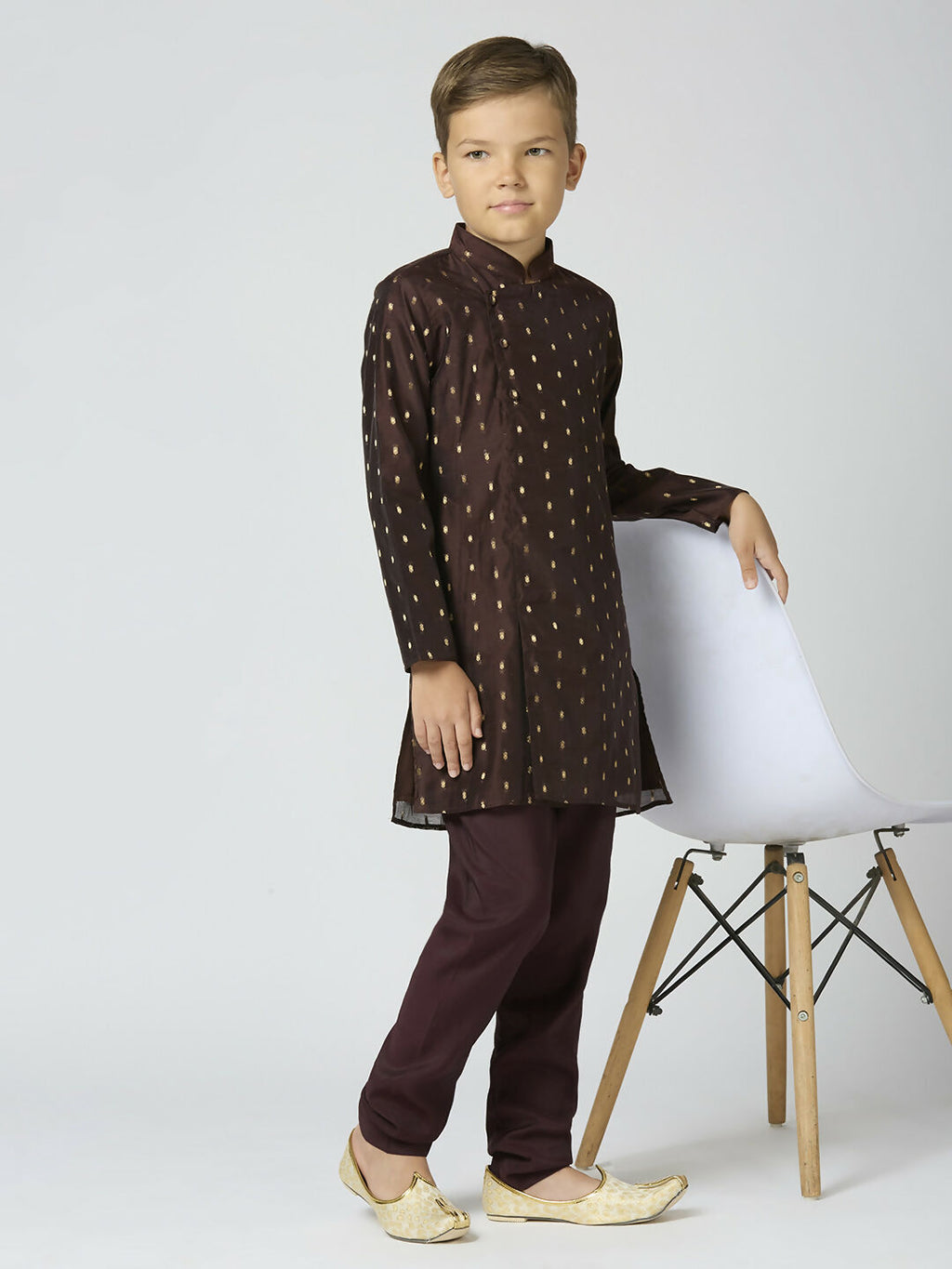 Joban Fashion Kids Island Full Sleeves Chanderi Kurta, Pyjama Set with Traditional Butta Work - Brown | Grocsy