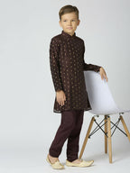 Joban Fashion Kids Island Full Sleeves Chanderi Kurta, Pyjama Set with Traditional Butta Work - Brown | Grocsy