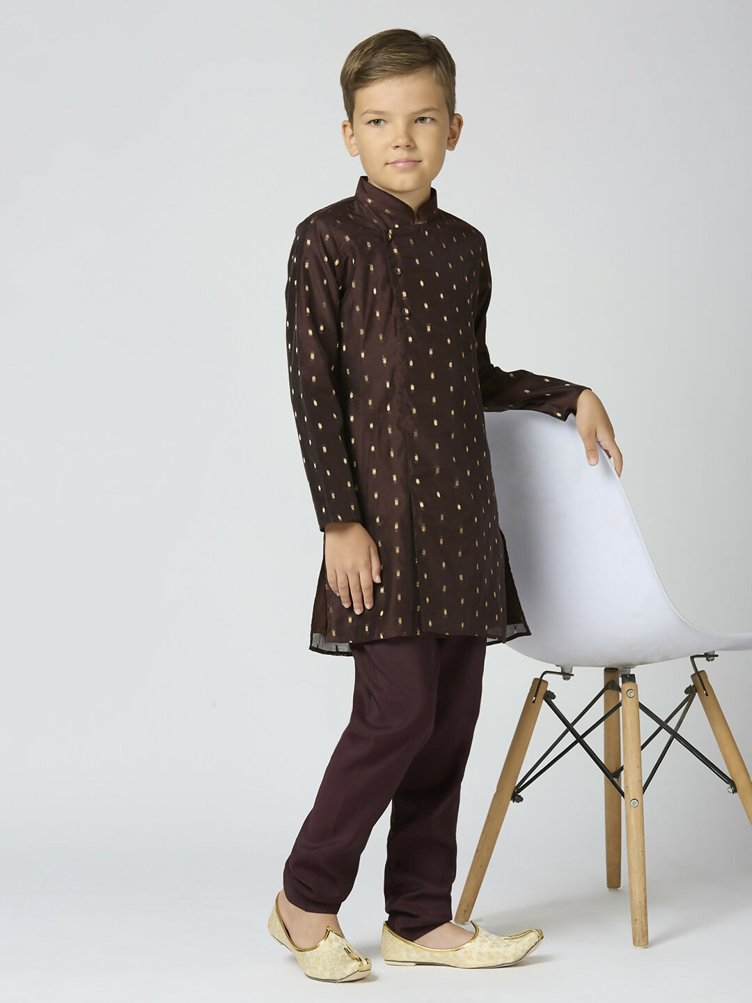Joban Fashion Kids Island Full Sleeves Chanderi Kurta, Pyjama Set with Traditional Butta Work - Brown | Grocsy