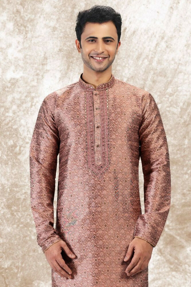 Raivat Ethnic Jacquard Silk Brocade Mirror and Thread Work Kurta Pajama In Onion Pink Colour | Grocsy