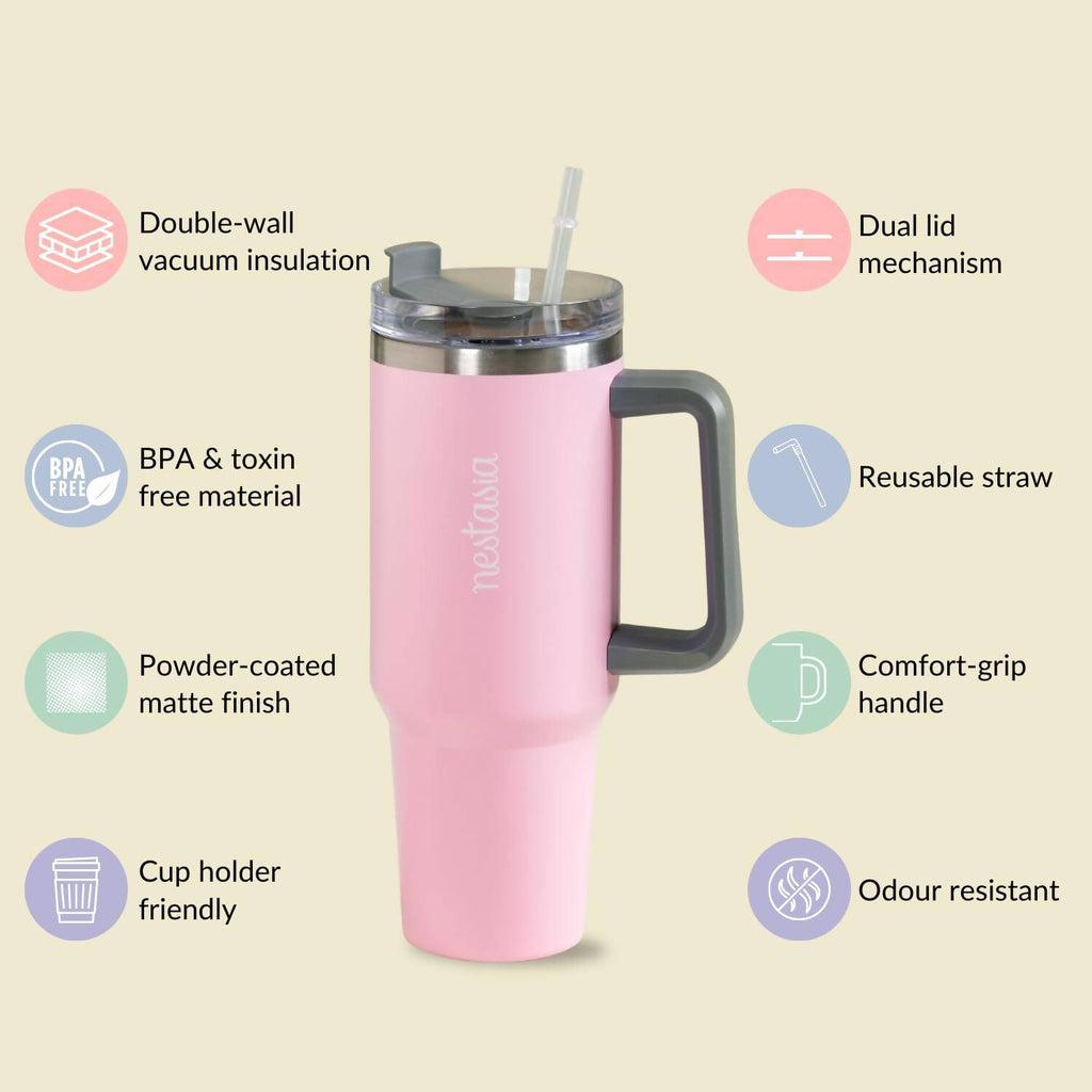 Nestasia Tumbler with Handle Straw & Lid - 1.2L (Pink) | Grocsy