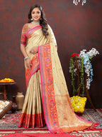 Lorenvalley Fashion Cream Kanjivaram Silk Woven Design with Zari Weaving Saree | Grocsy