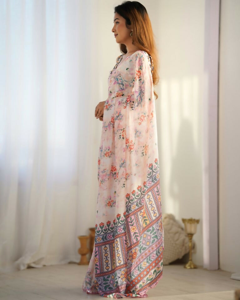 Cream Chinon Designer Digital Printed & Mirror Cut Work Saree - Kriti | Grocsy