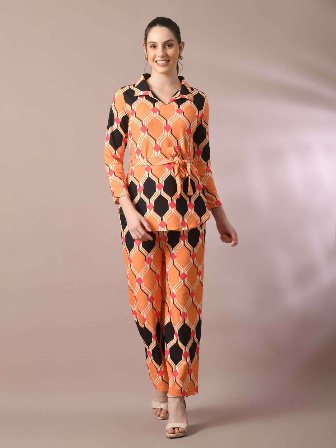 Myshka Women's Multi Printed Polo Collar Party Top With Trousers Co-ord set | Grocsy