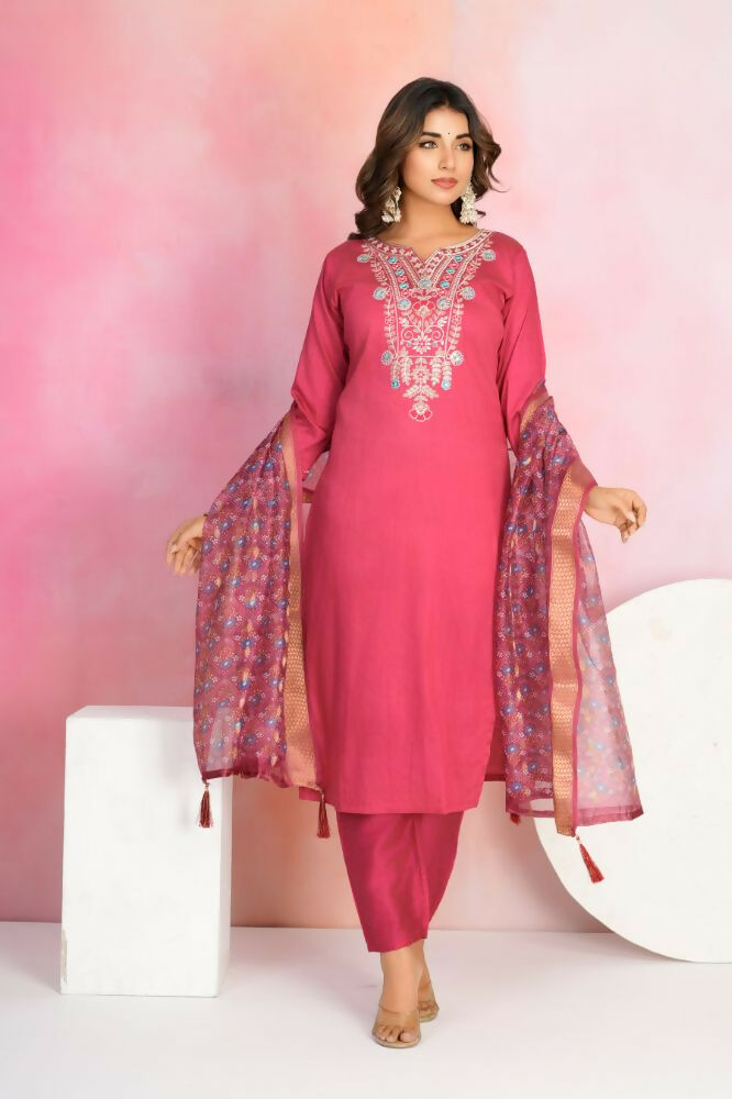 Ethnic Festive Wear Chanderi Red Stitched Suit With Dupatta - Tanisha | Grocsy