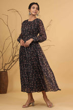 Juniper Women Navy Chiffon Printed Flared Dress | Grocsy