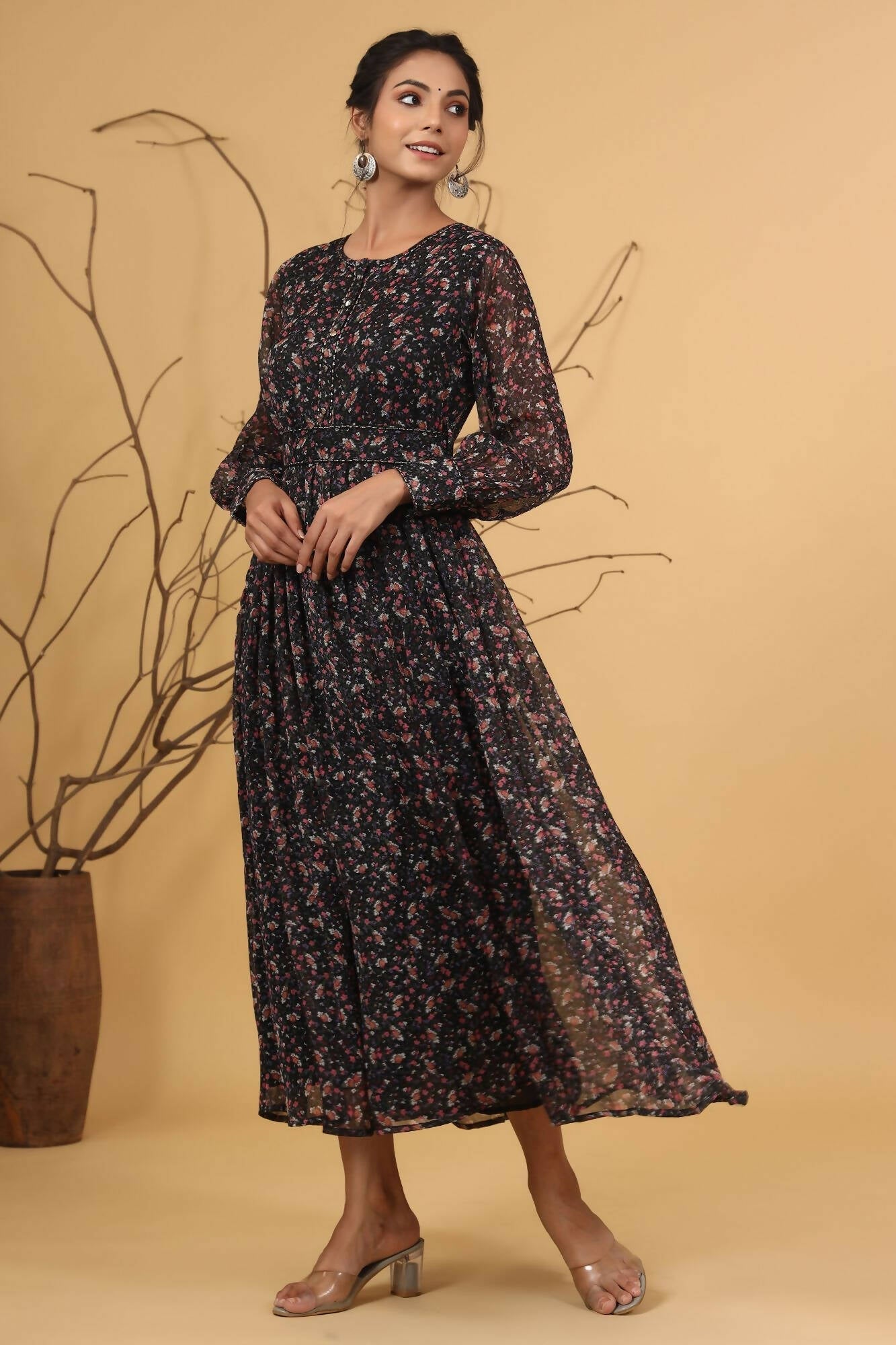 Juniper Women Navy Chiffon Printed Flared Dress | Grocsy