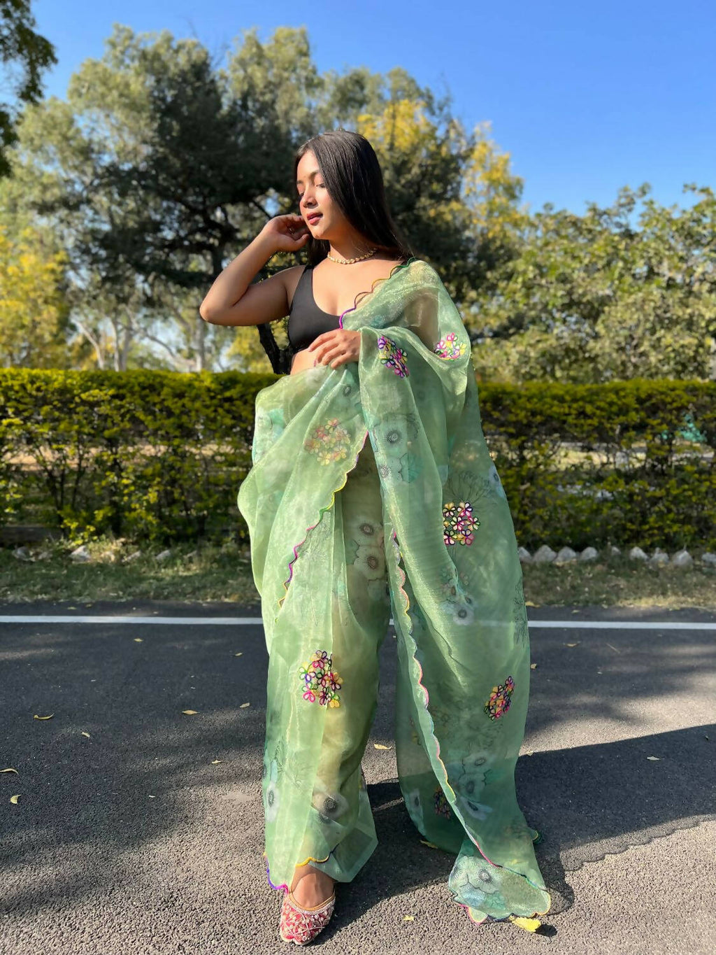 Vamsee Green Organza Saree | Grocsy