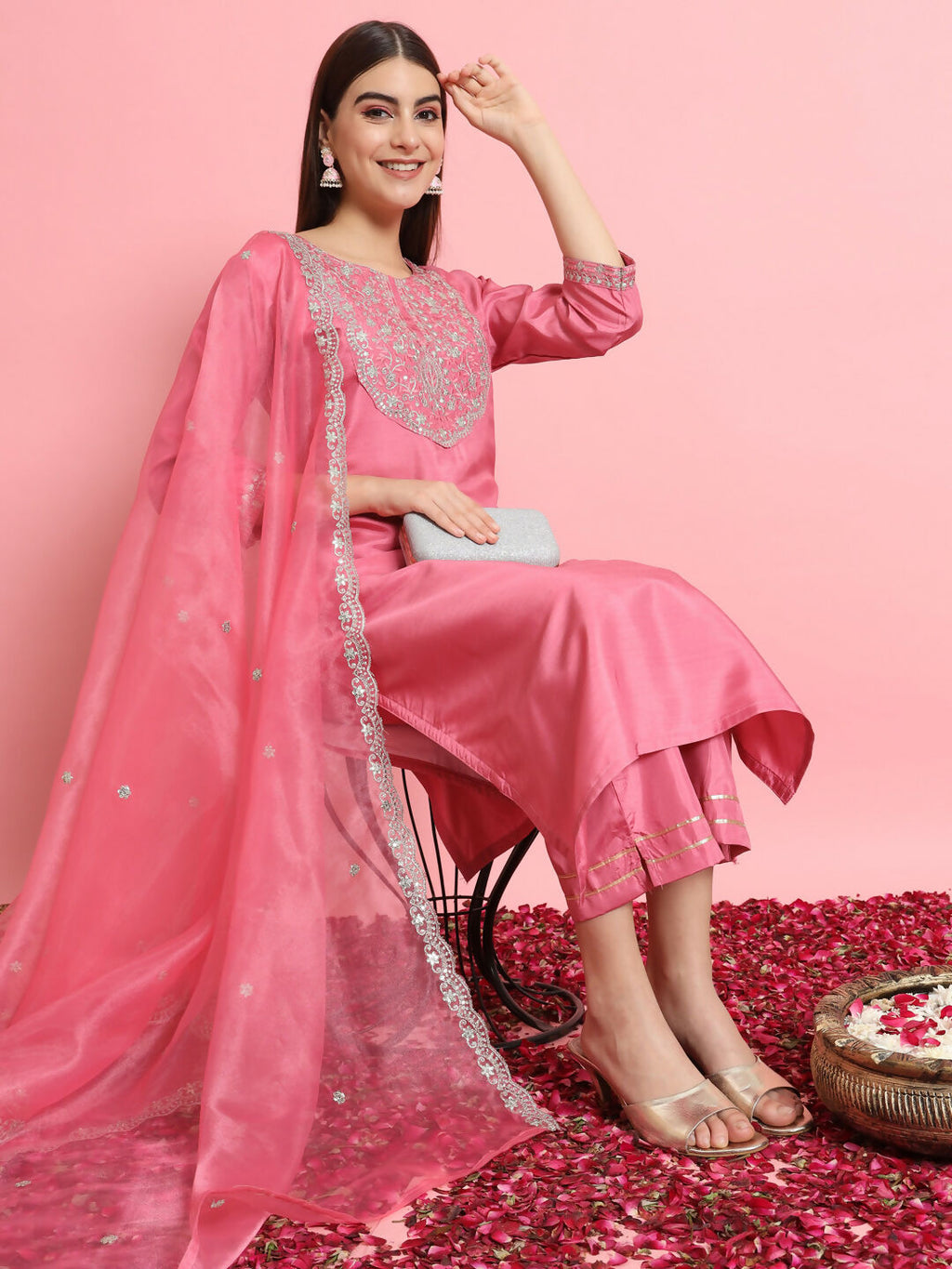 Vellora Blush Pink Silk Blend Readymade Suit with Embroidery Details | Grocsy