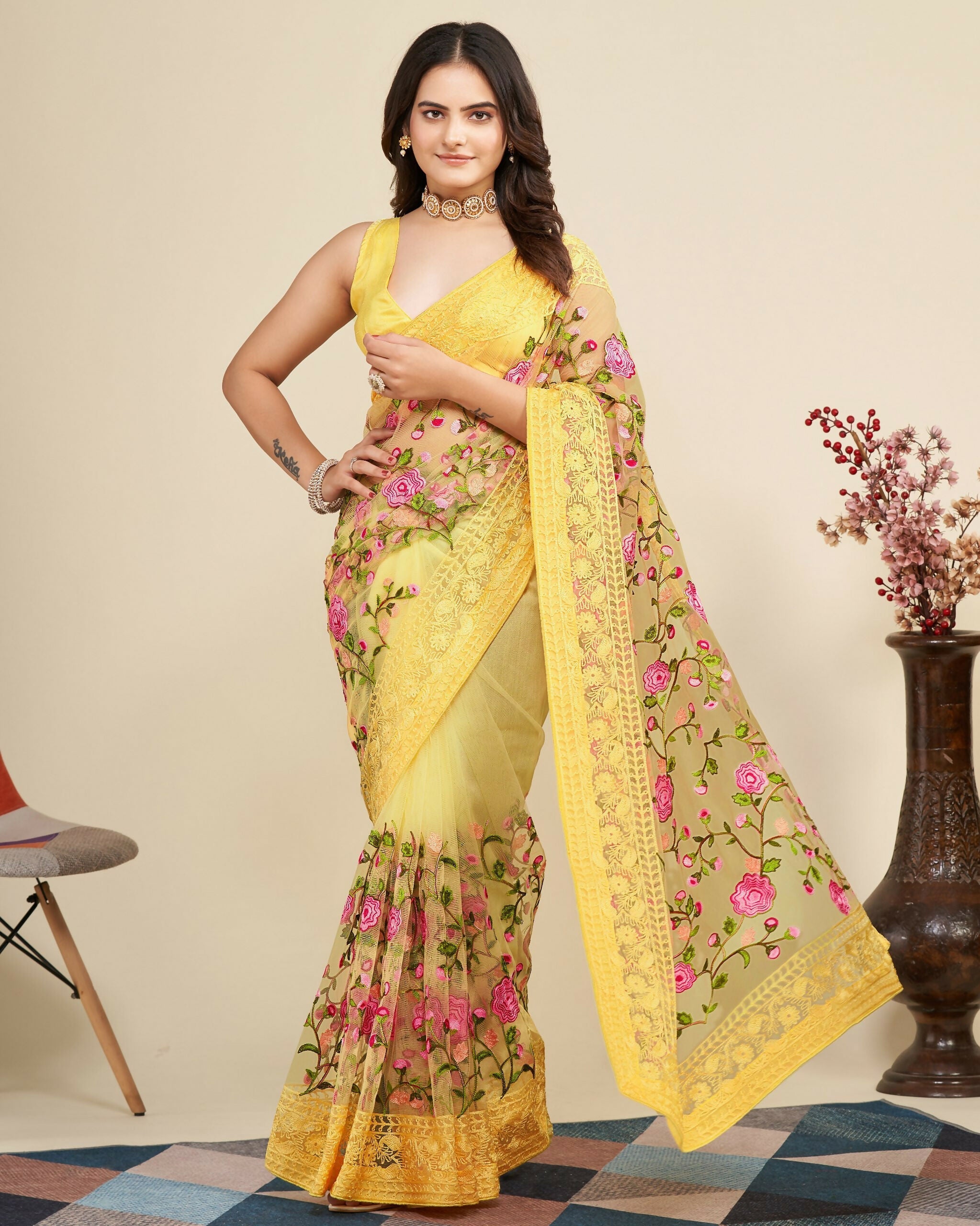 Teeya Creation Womens Latest Stylish Party Wear Soft Net Saree-Yellow | Grocsy