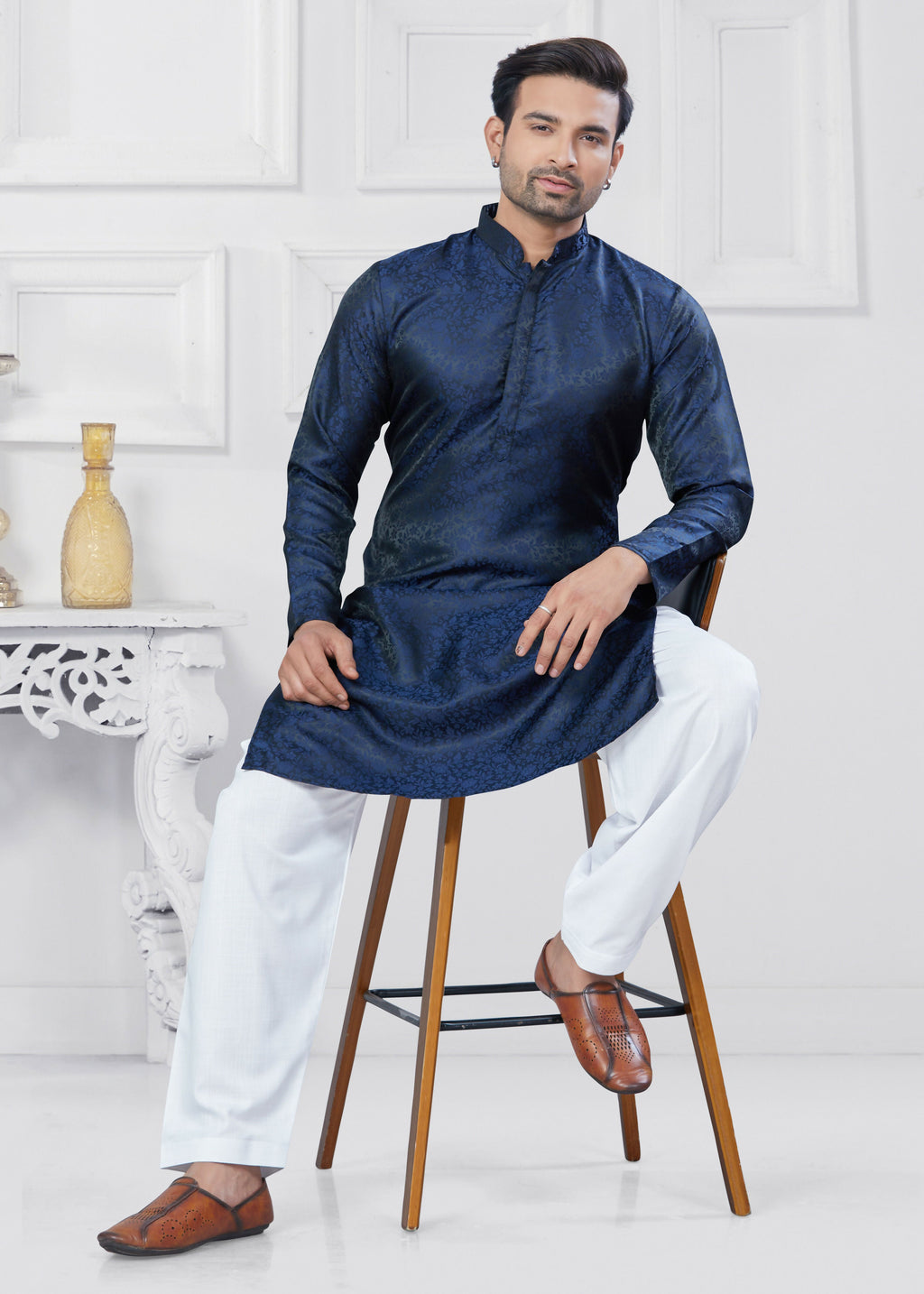 Joban Fashion Men's Jacquard Silk Navy Blue Printed Kurta Pyjama set | Grocsy