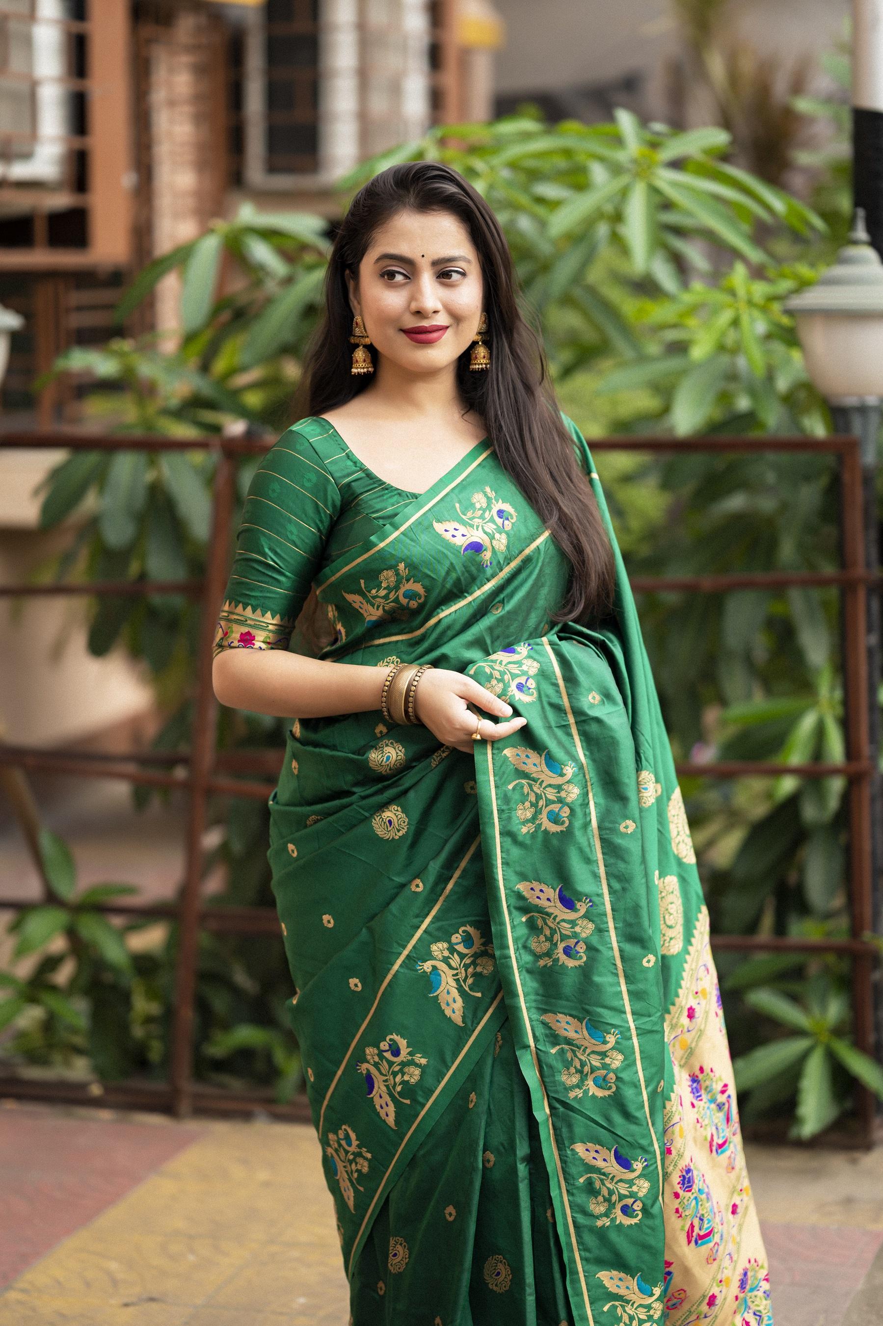 Green Pure Silk Woven Design Saree with Unstitched Blouse - A2M | Grocsy