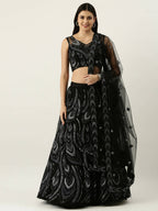 House of Panchhi Women Black Net Sequins Embroidered Lehenga & Blouse with Dupatta | Grocsy