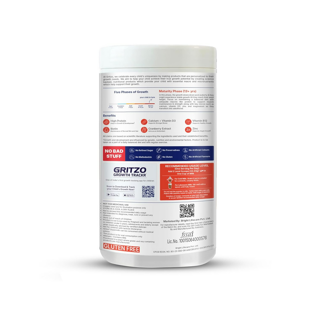 Gritzo SuperMilk Overall Growth (13+y Girls), 12g Protein Powder (Double Chocolate) | Grocsy