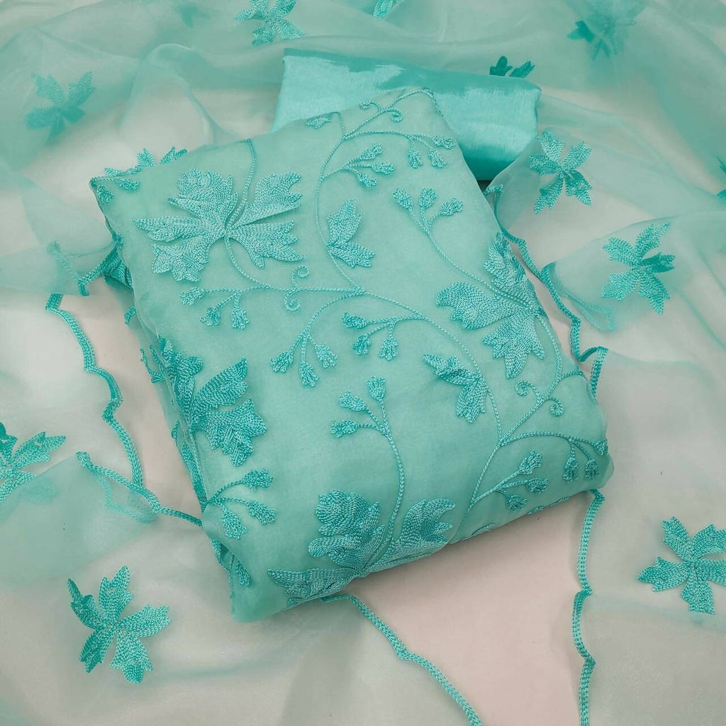 Sky Blue Heavy Organza Silk Embroidered Unstitched Dress Material - Amara | Grocsy
