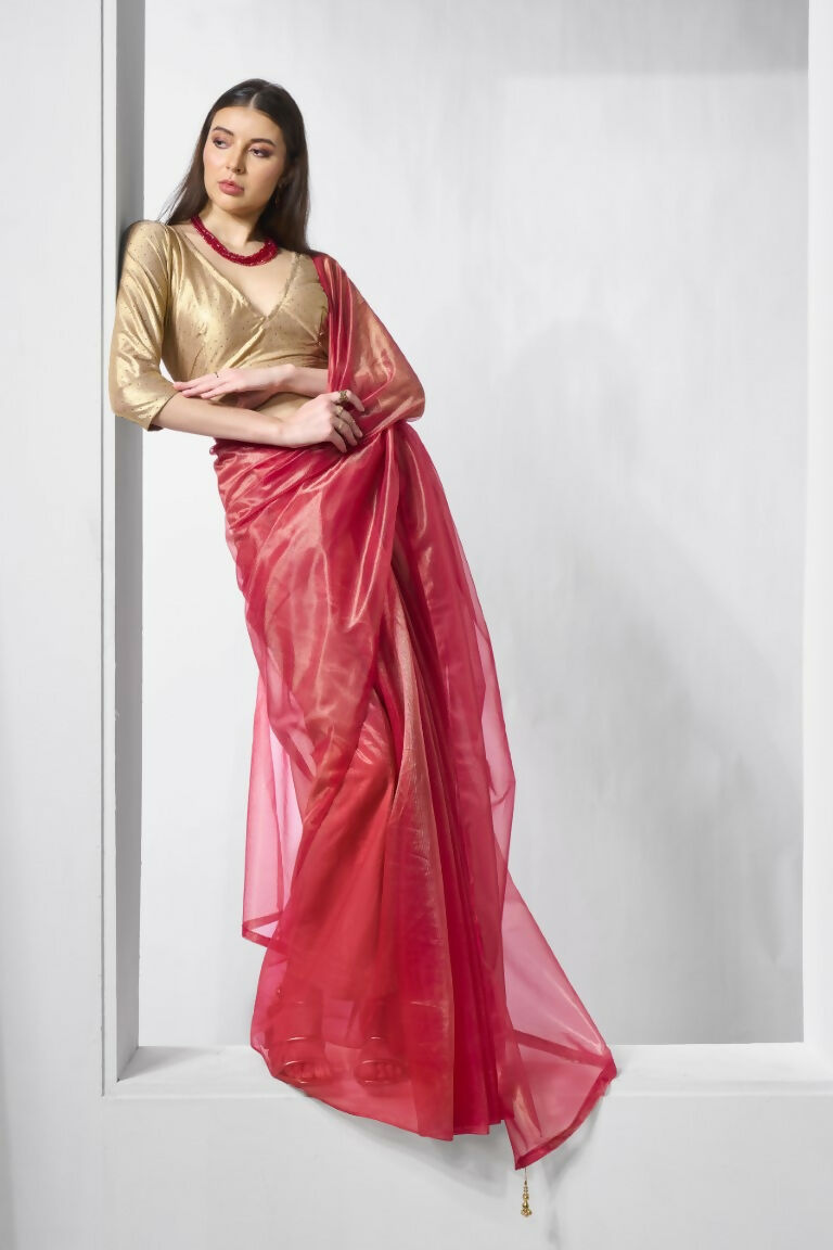Red Gold Tissue Net Solid & Gold Cotted Saree - Samaa | Grocsy