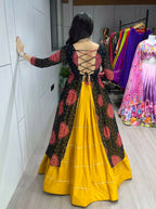 Yash Enterprise Mustard Black Rayon Cotton Embroidery Semi Stitched Navratri Chaniya Choli | Grocsy