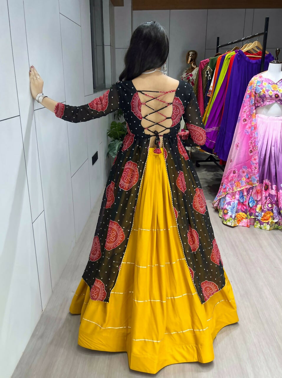 Yash Enterprise Mustard Black Rayon Cotton Embroidery Semi Stitched Navratri Chaniya Choli | Grocsy