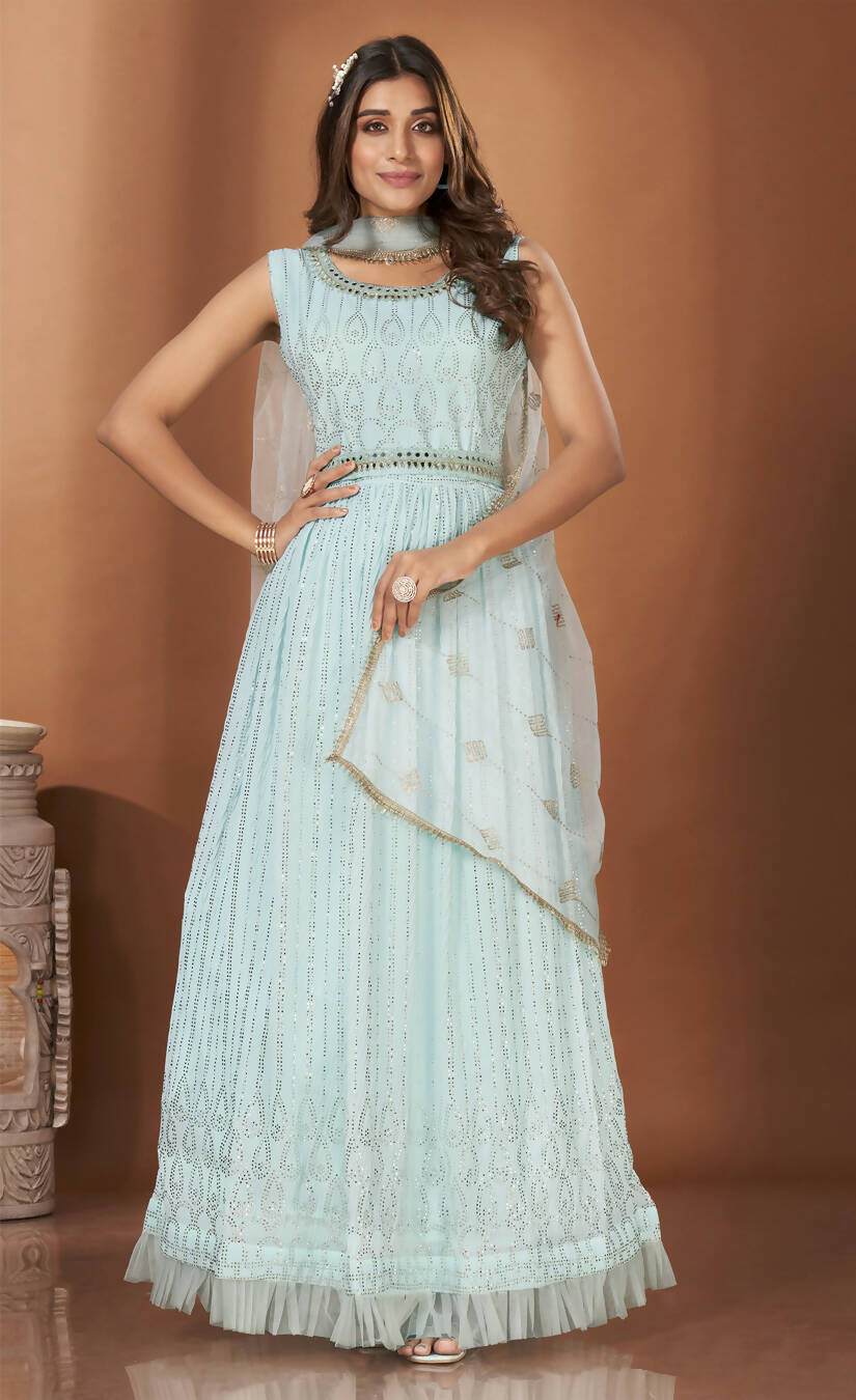 Blue Georgette Crush Mirror Work Gown With Duppatta - Shaili | Grocsy