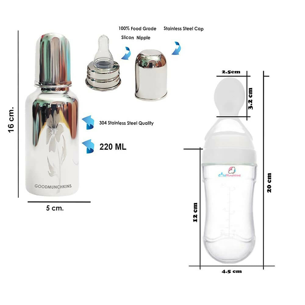 Goodmunchkins Stainless Steel Feeding Bottle, Food Feeder & Fruit Feeder Combo for Baby-(White-Green, 220ml) | Grocsy