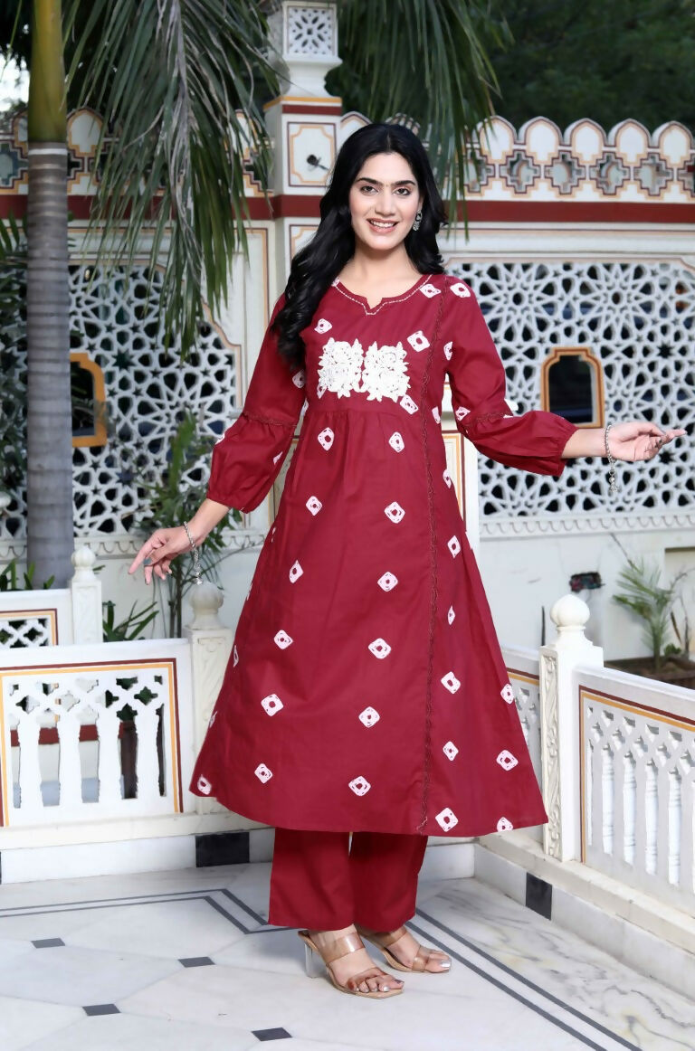 Miravan Women's Red Bandhani Printed Moti And Chikan Embroidered & Lace Work A Line Palazzo Set | Grocsy