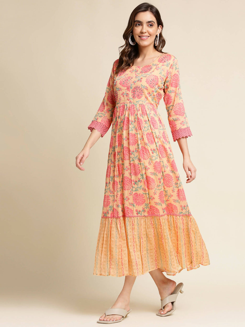 Peach Cotton Floral Printed Fit & Flare Dress - Yukti | Grocsy