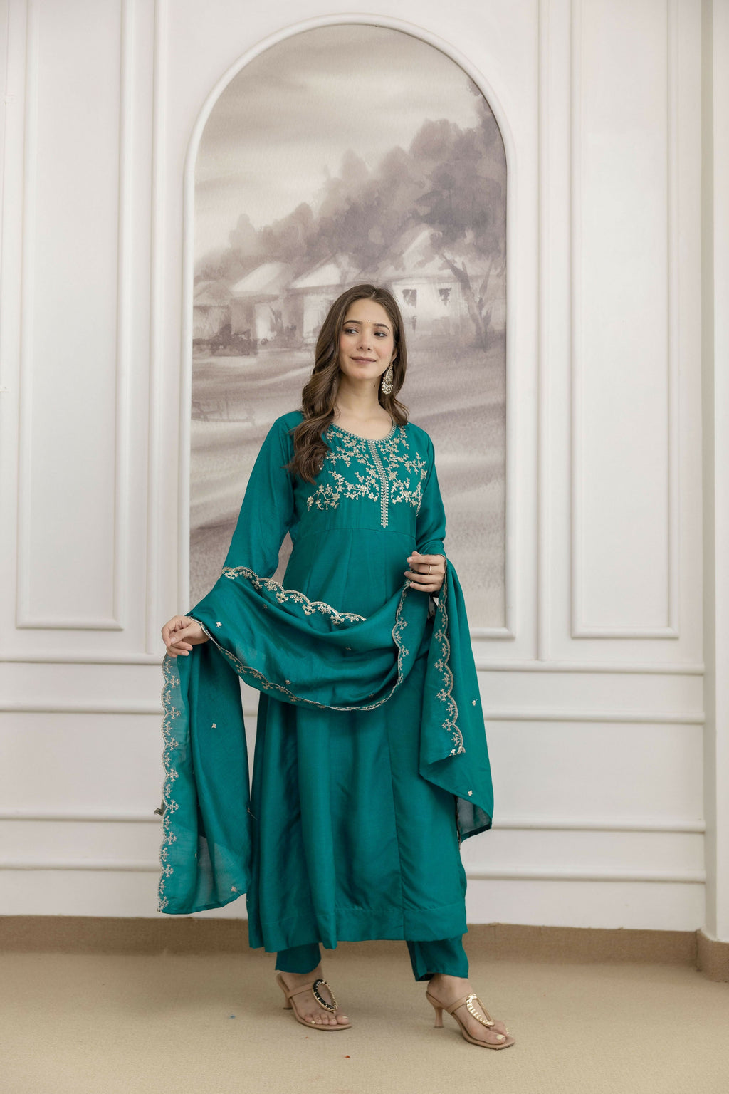 The52 Rama Women's Beautiful Vichitra Silk Fabric Embroidered Work Flared Anarkali Pant and Dupatta Set | Grocsy