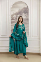 The52 Rama Women's Beautiful Vichitra Silk Fabric Embroidered Work Flared Anarkali Pant and Dupatta Set | Grocsy
