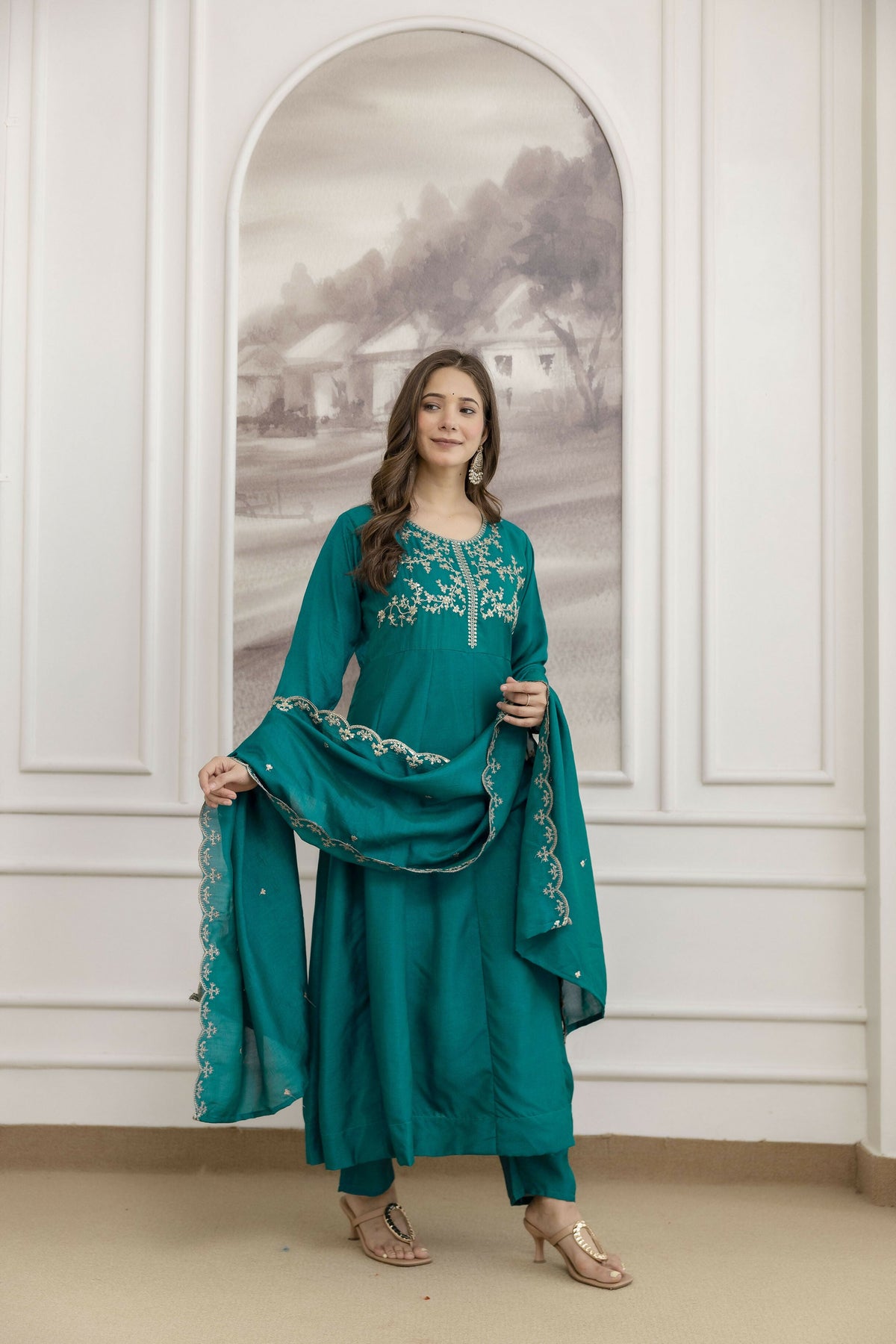 The52 Rama Women's Beautiful Vichitra Silk Fabric Embroidered Work Flared Anarkali Pant and Dupatta Set | Grocsy
